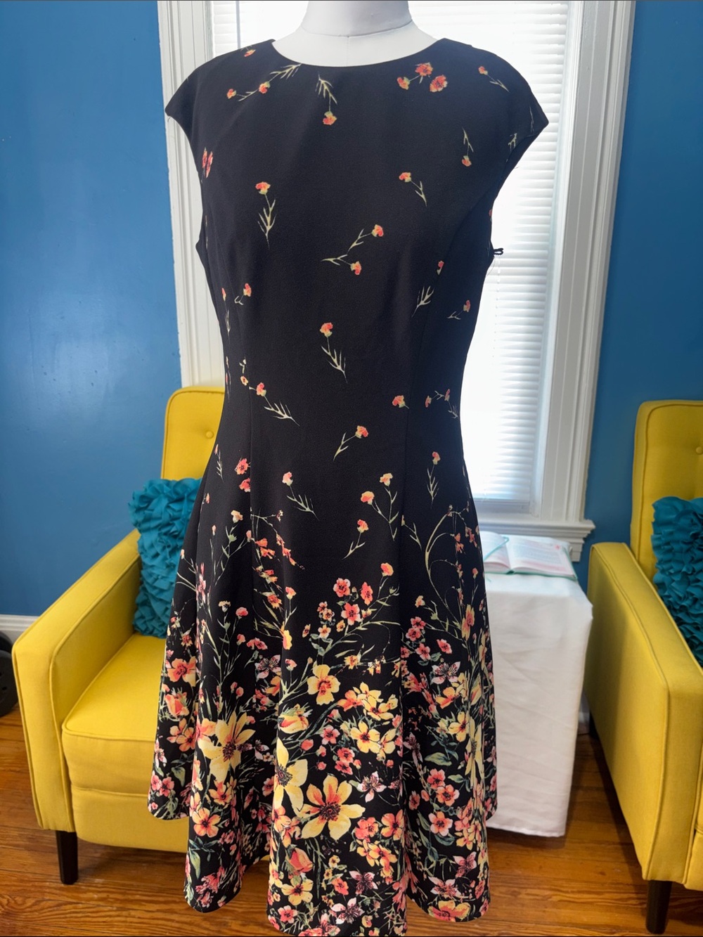 London Times Black Floral Midi Dress with Pink and Yellow Accents